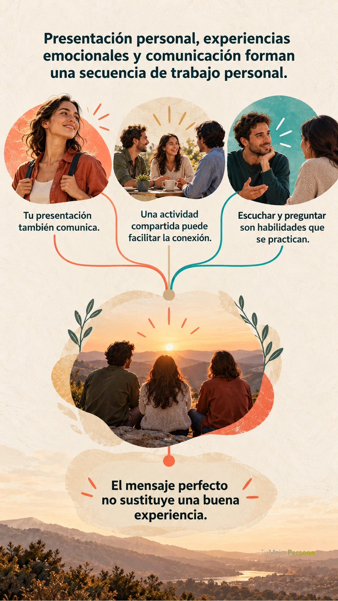 Presentación personal, experiencias compartidas y comunicación reunidas en un recorrido visual hacia la conexión.