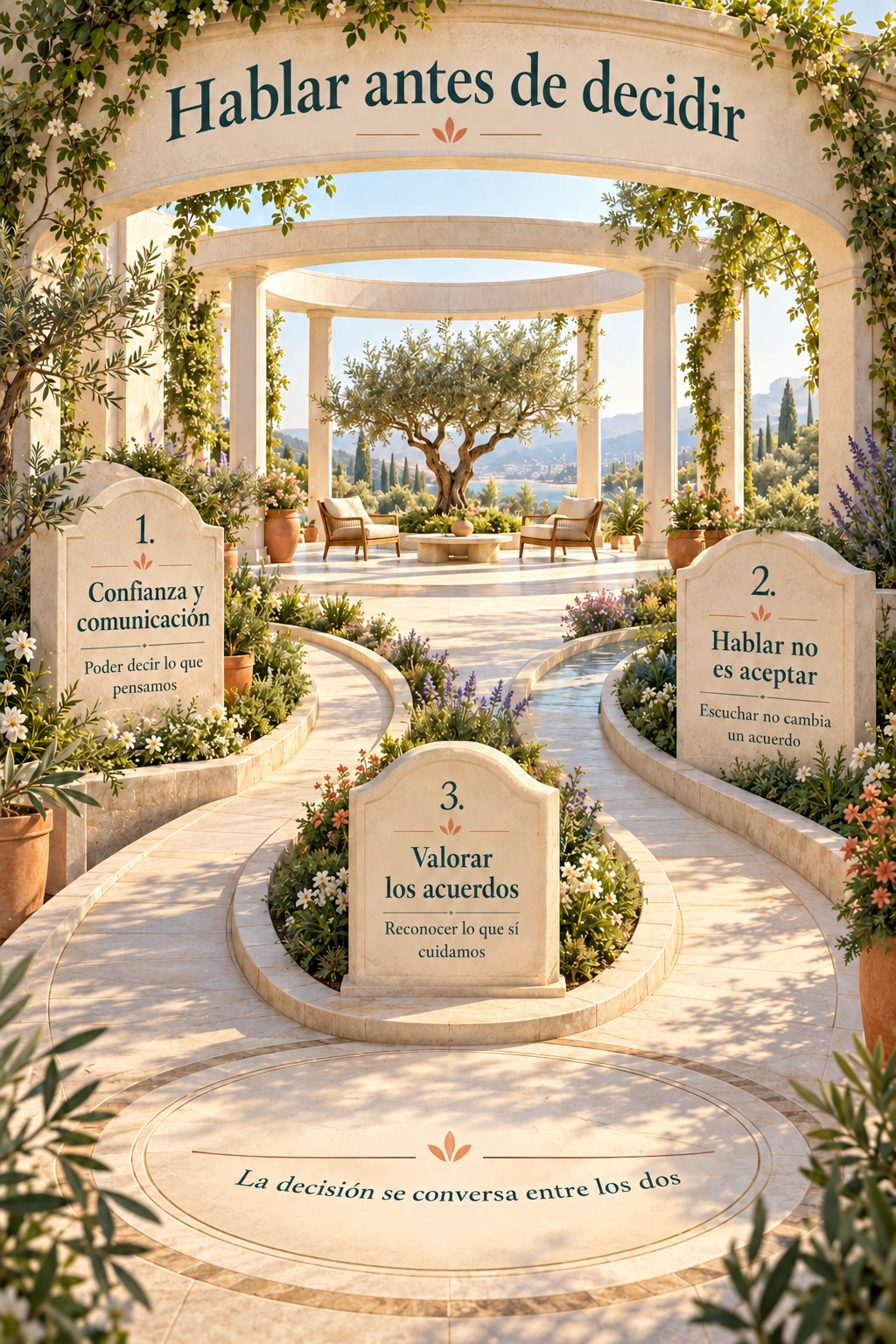 Tres señales de piedra en un jardín: confianza y comunicación, hablar no es aceptar y valorar los acuerdos. La decisión se conversa entre los dos.
