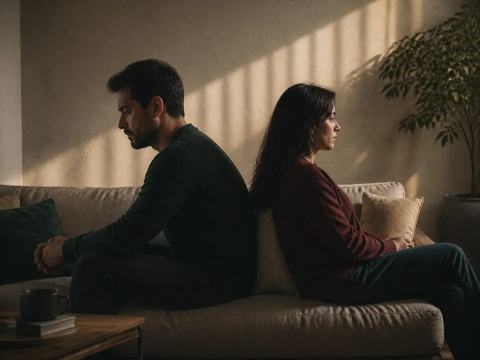 Pareja sentada a distancia durante un momento de conflicto
