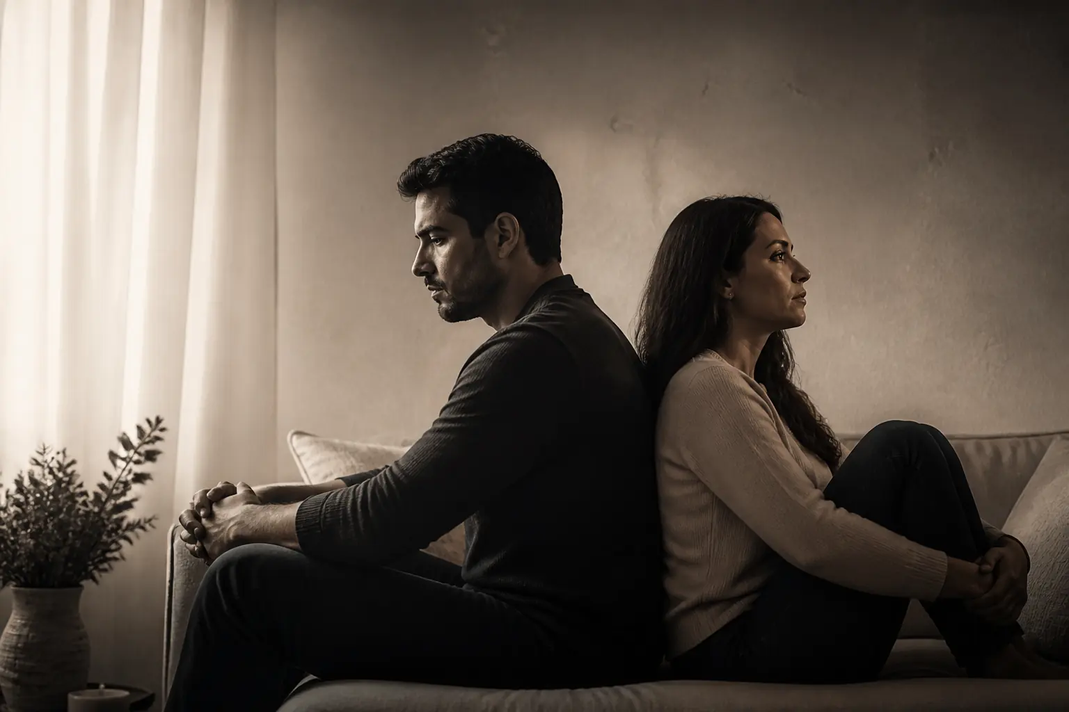 Pareja adulta en casa, tomando un momento para conversar