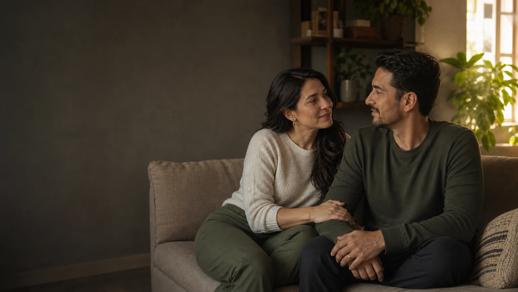 Pareja latina alrededor de los 40 conversando en casa