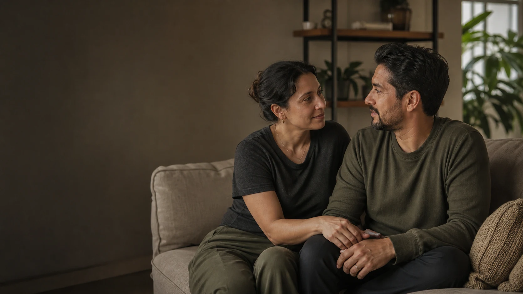 Pareja conversando en casa