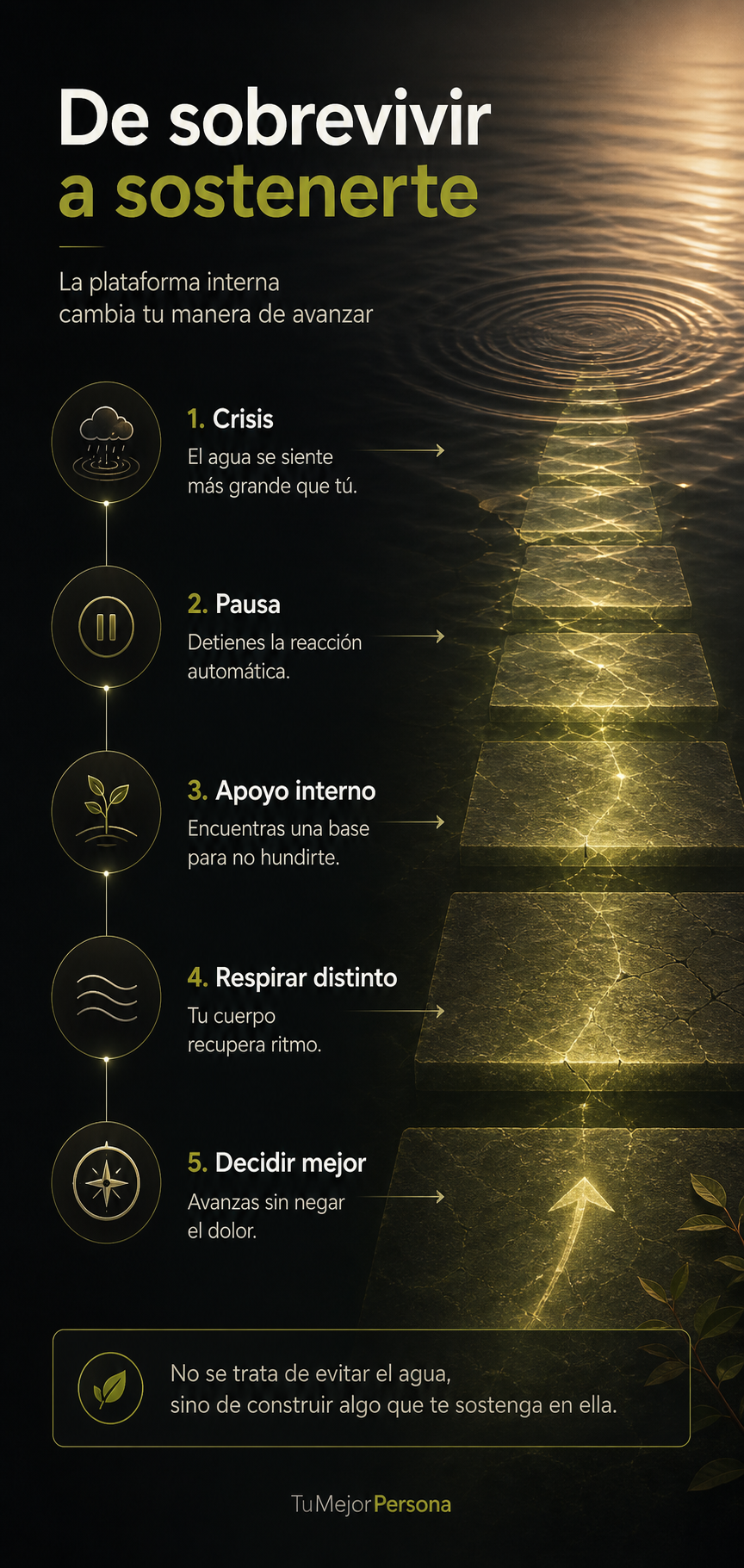 Infografía sobre transformar dolor en apoyo interno y guía para seguir adelante