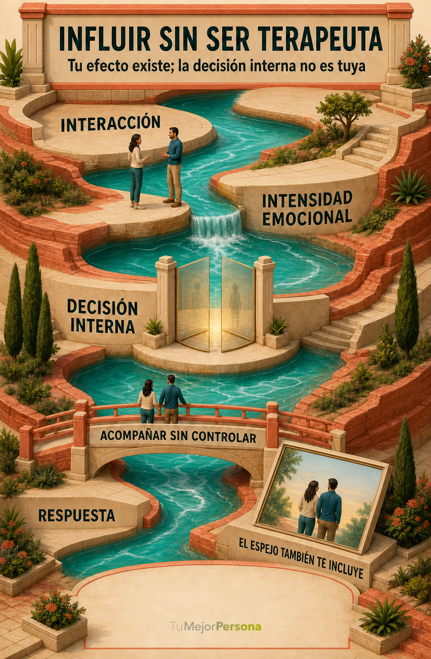 Infografía editorial luminosa: una ruta de interacción, intensidad emocional, decisión interna y respuesta se cruza con un espejo que explica por qué la pareja no es neutral.
