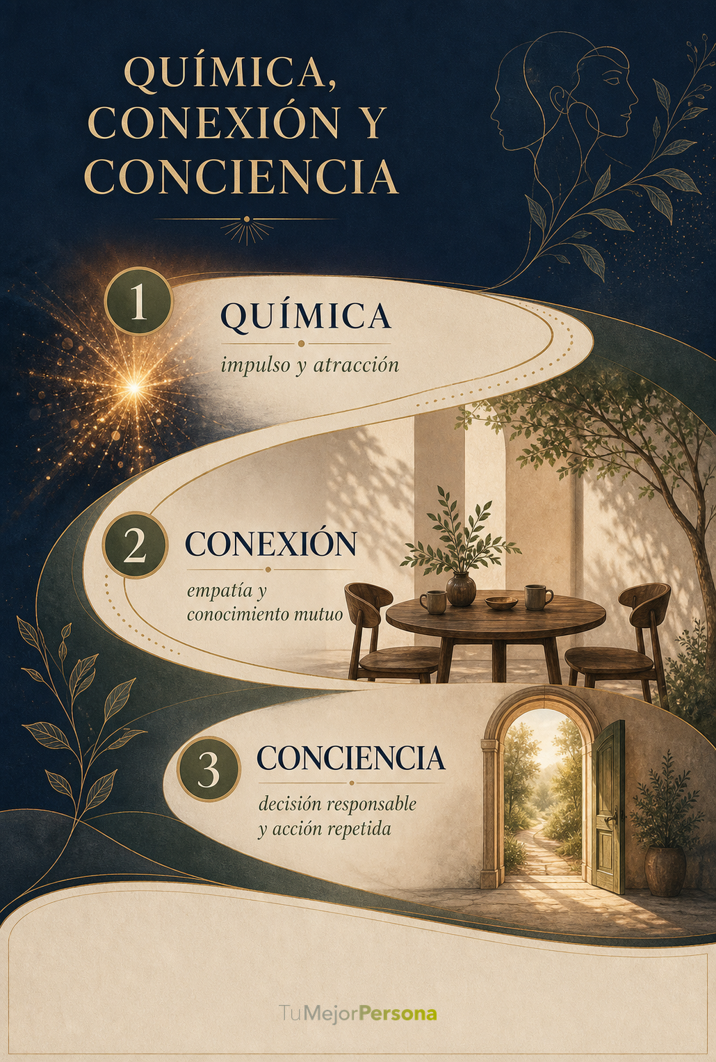 Infografía editorial integrada con el recorrido de química, conexión y conciencia